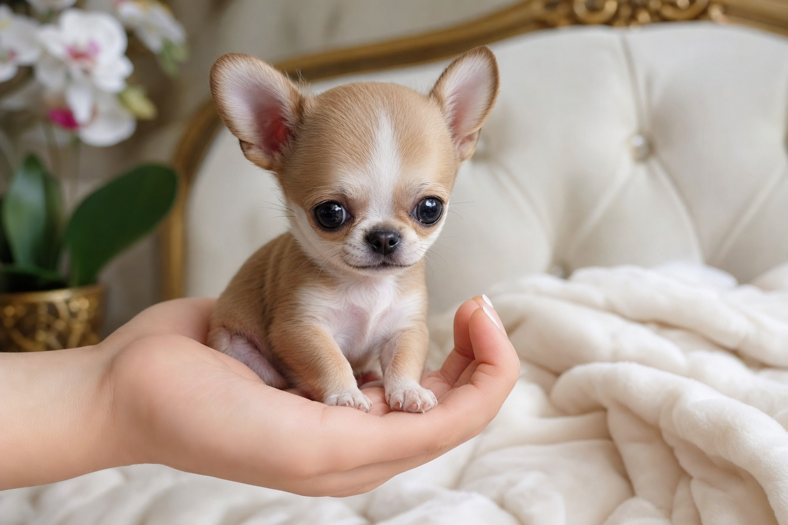 Two adorable Apple Head Chihuahua puppies, one male and one female, sitting together in a bright, cozy home in San Diego.