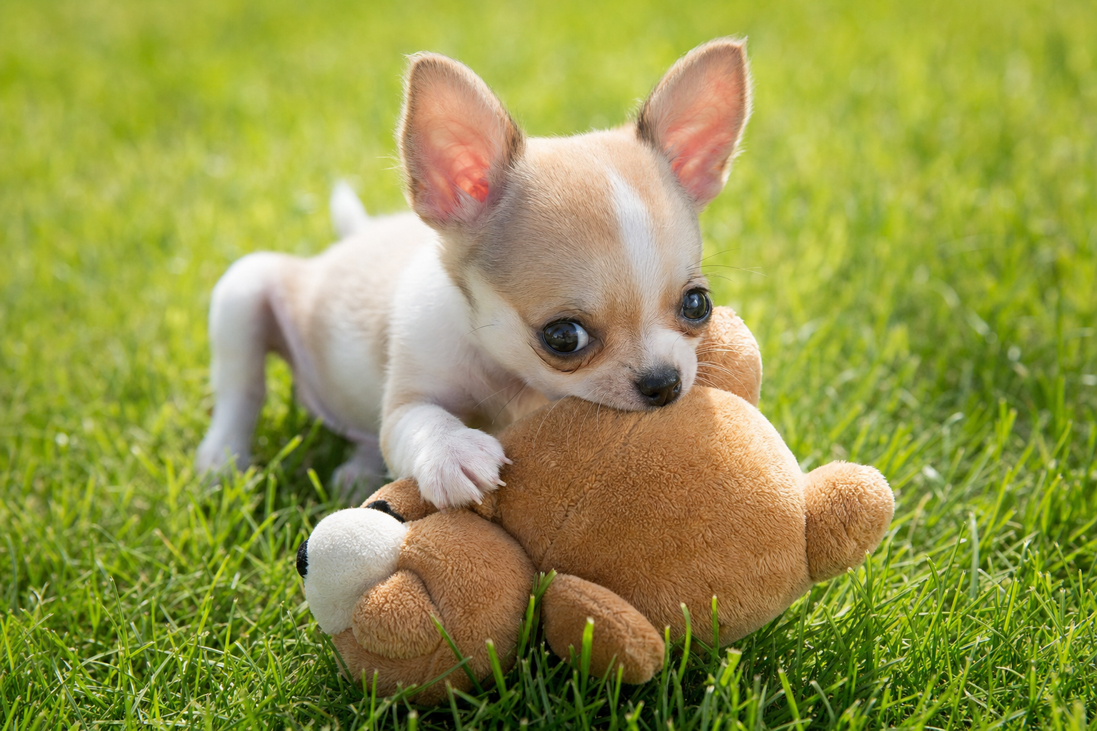 A happy Long Hair Chihuahua puppy playing with a puzzle toy on a soft green lawn in the summer sun, looking alert and engaged.