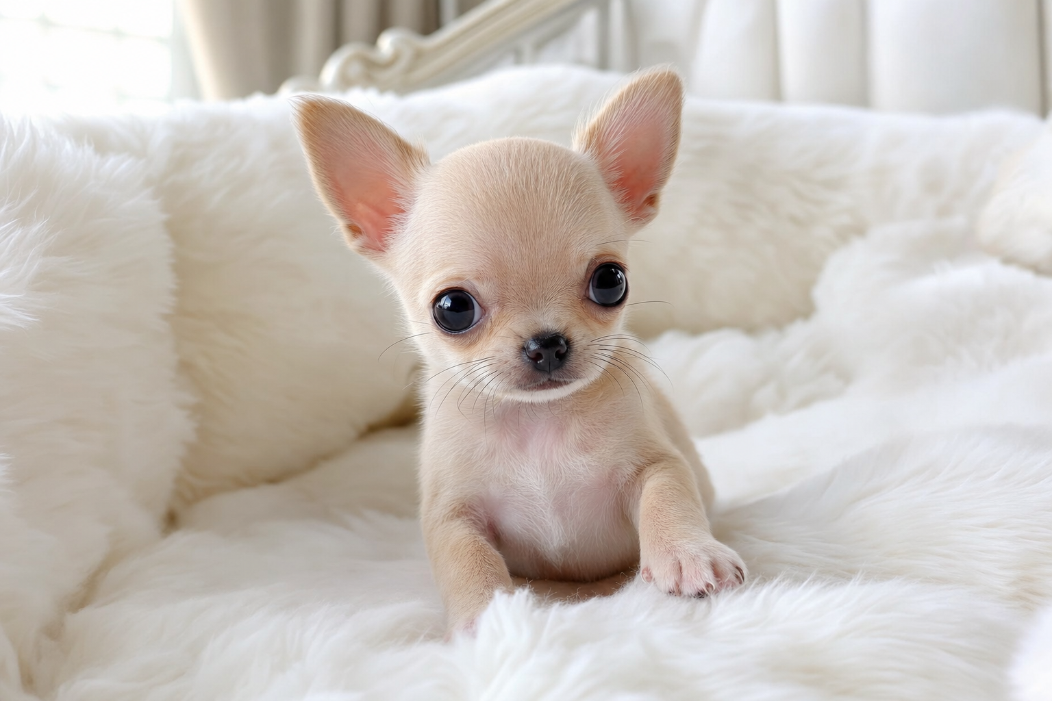 An Apple Head Chihuahua puppy and a Teacup Chihuahua puppy sitting together, illustrating the difference in head shape vs. size.