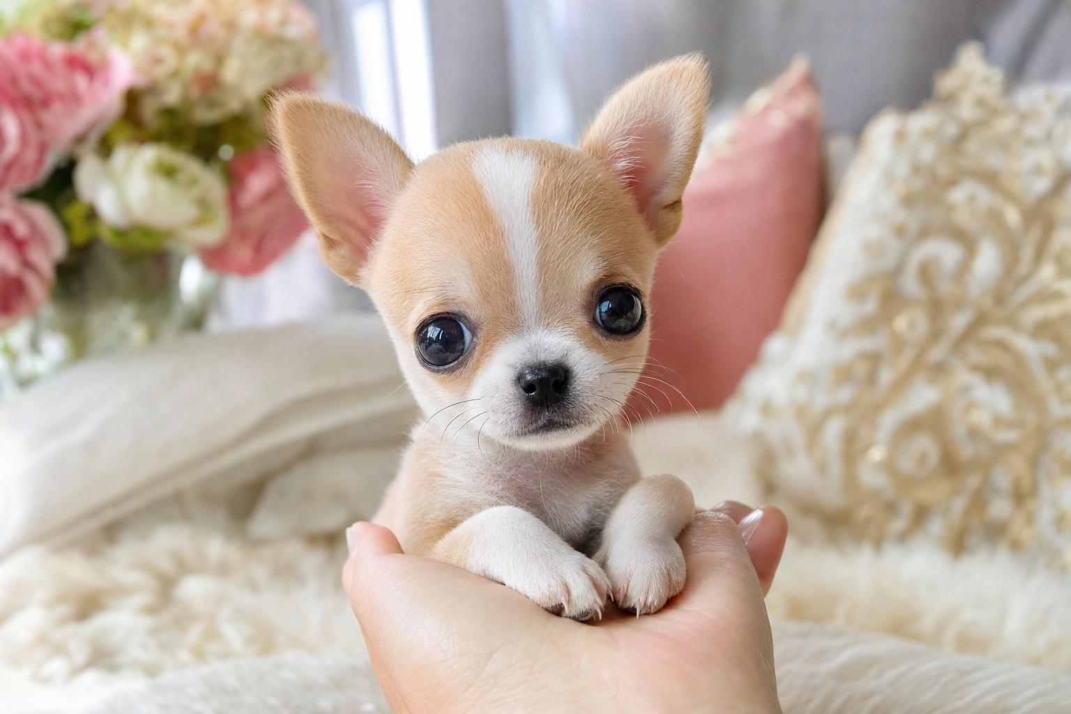 A long hair and a short hair Apple Head Chihuahua puppy sitting side-by-side, showcasing the differences in their coats.