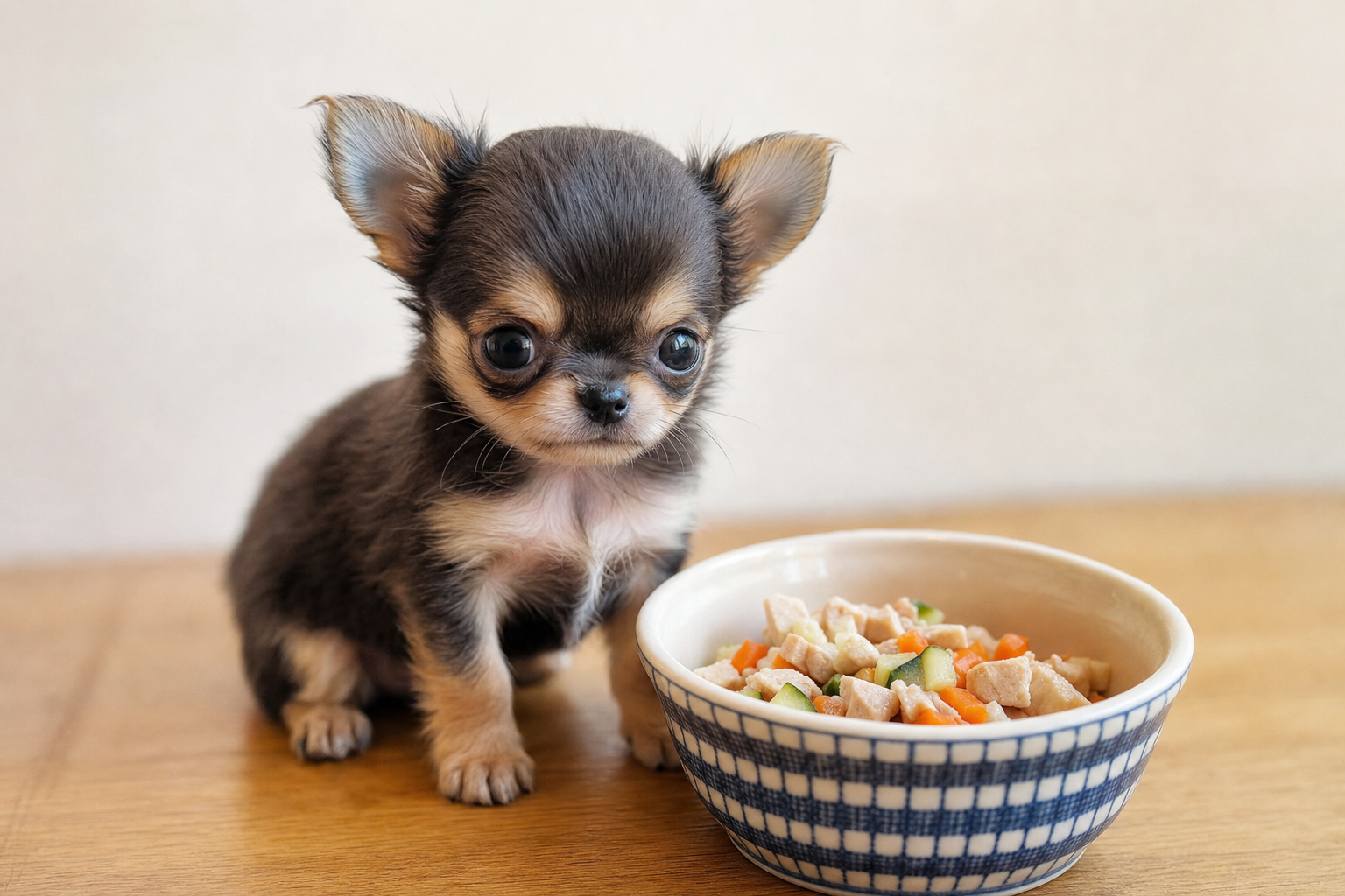 A close-up of a healthy Long Hair Chihuahua puppy carefully eating kibble from a small, colorful bowl on a clean floor.