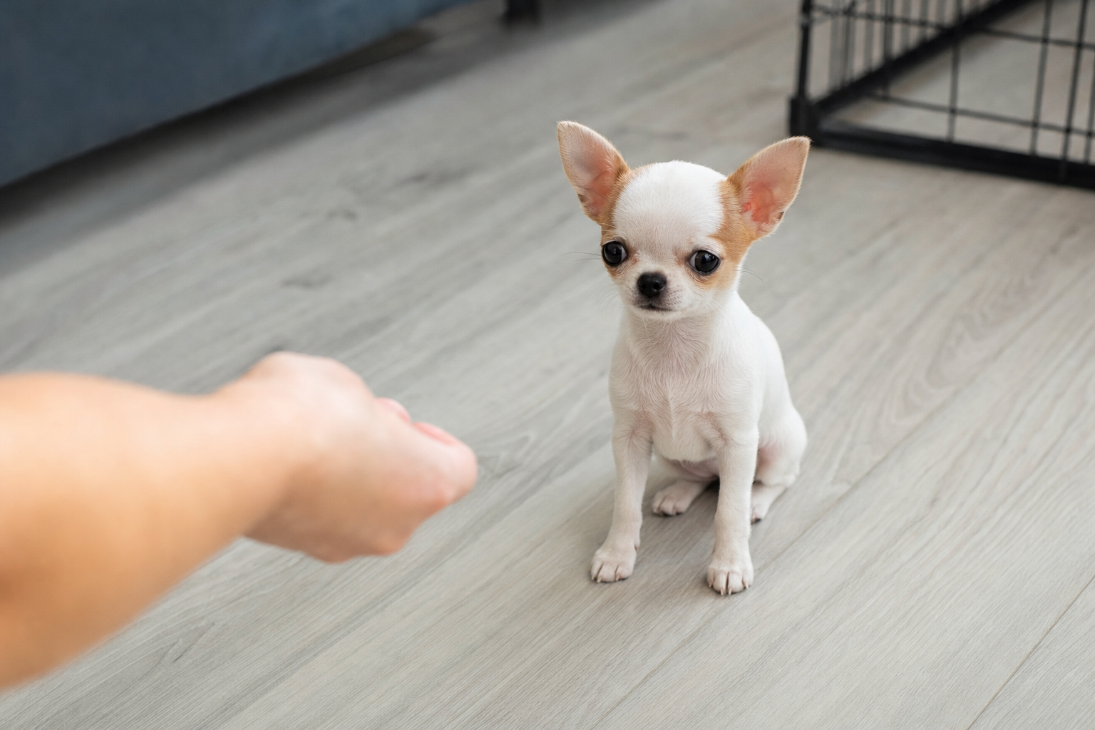 A happy Long Hair Chihuahua puppy sits patiently inside a comfortable crate, looking at the camera, ready for a training session.
