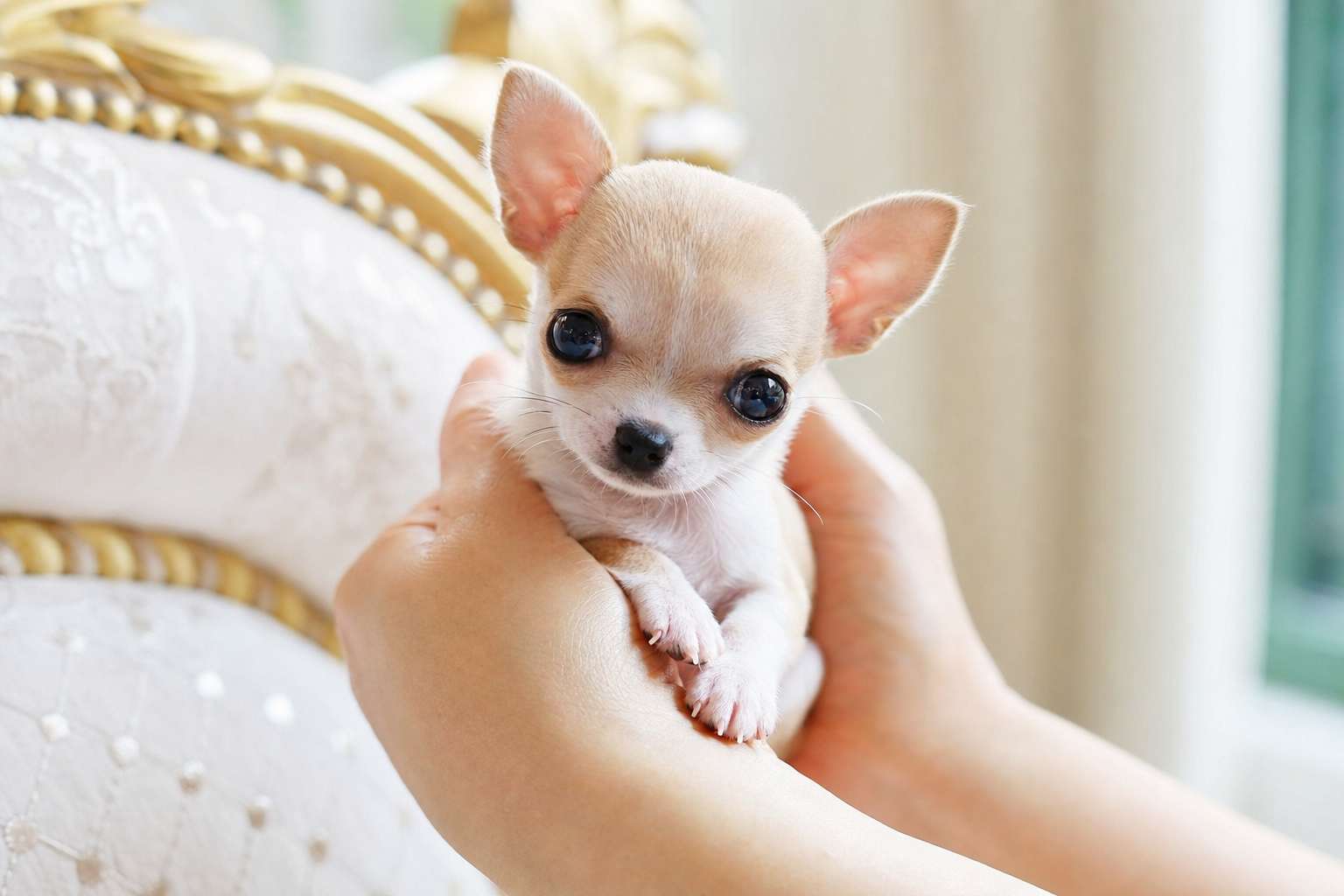 An Apple Head Chihuahua puppy and a Deer Head Chihuahua puppy sitting together, illustrating the differences for people looking to buy a Chihuahua puppy.