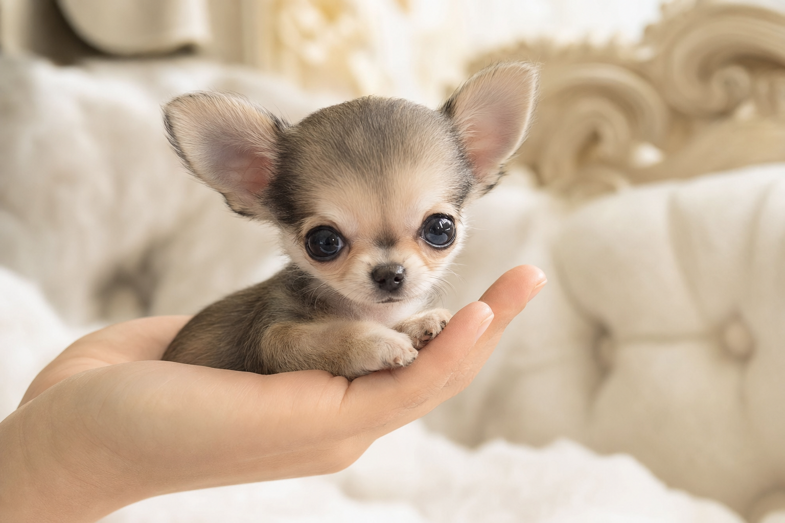 Two tiny Apple Head Chihuahuas, a miniature and a teacup, sitting together to show the size difference for buyers looking for puppies in Sacramento.