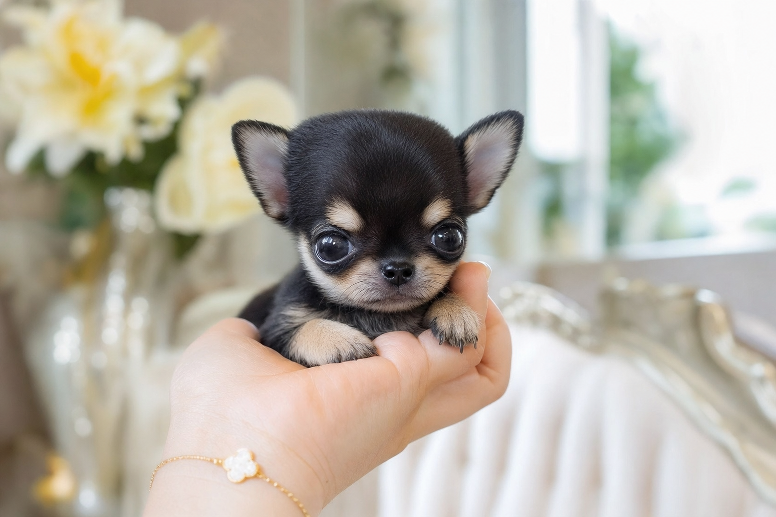 A smooth coat Teacup Chihuahua and a long coat Teacup Chihuahua sitting together, compared by a California breeder.