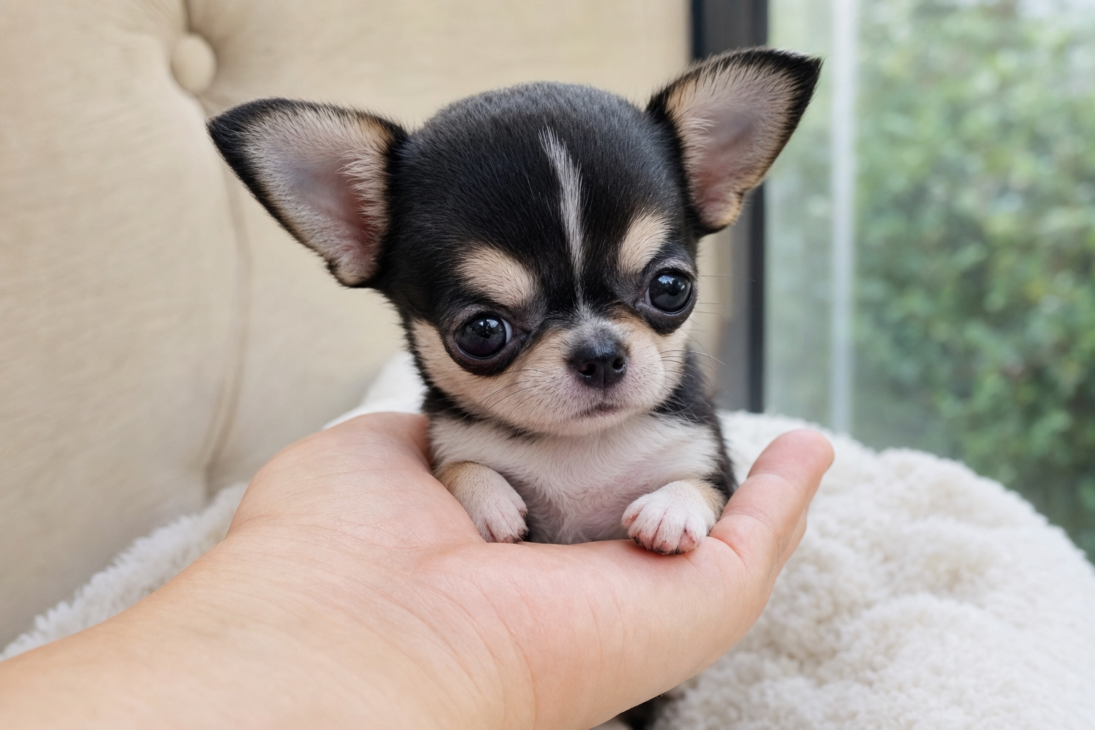 A standard Chihuahua sits next to a smaller Teacup Chihuahua, showcasing the size difference for prospective owners.