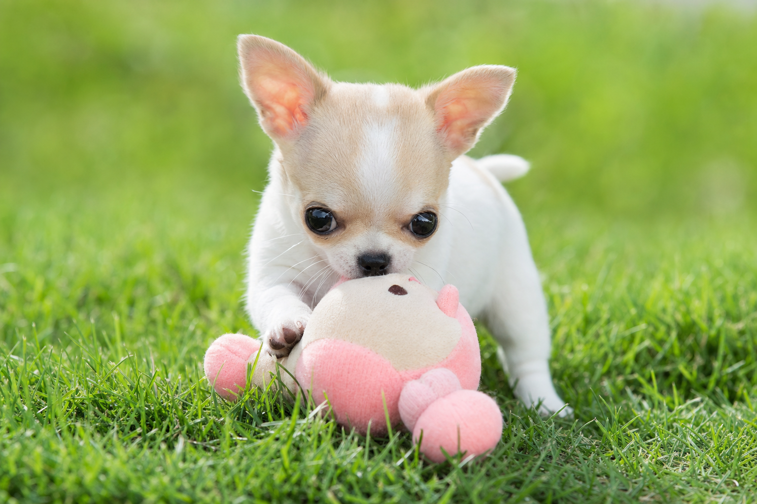 A happy long-haired Chihuahua puppy playing with a colorful puzzle toy on a soft rug indoors, focused and engaged.
