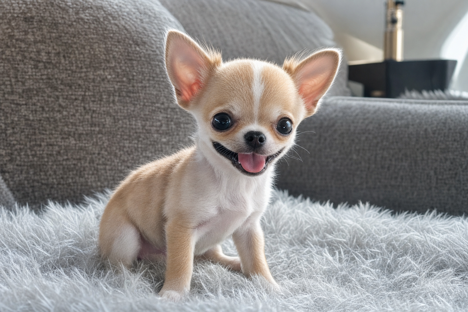 A tiny long hair Chihuahua puppy sitting in a sunlit living room, curiously looking up at the camera.