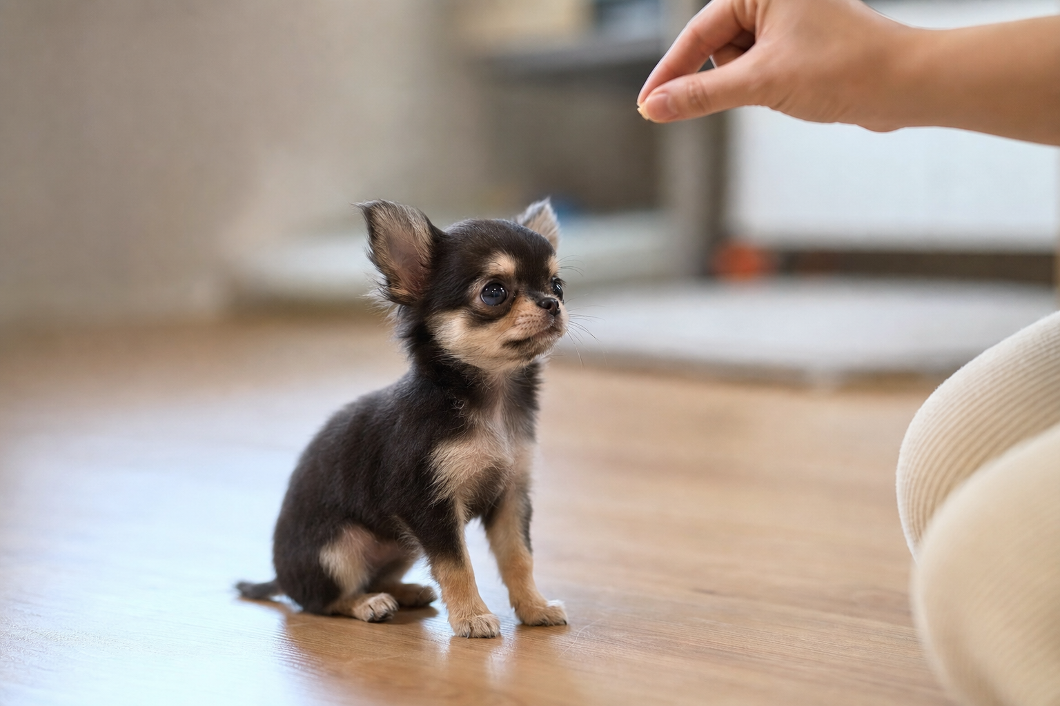 A well-behaved Long Hair Chihuahua puppy sitting attentively on a lush green lawn, looking up at its owner during a training session.