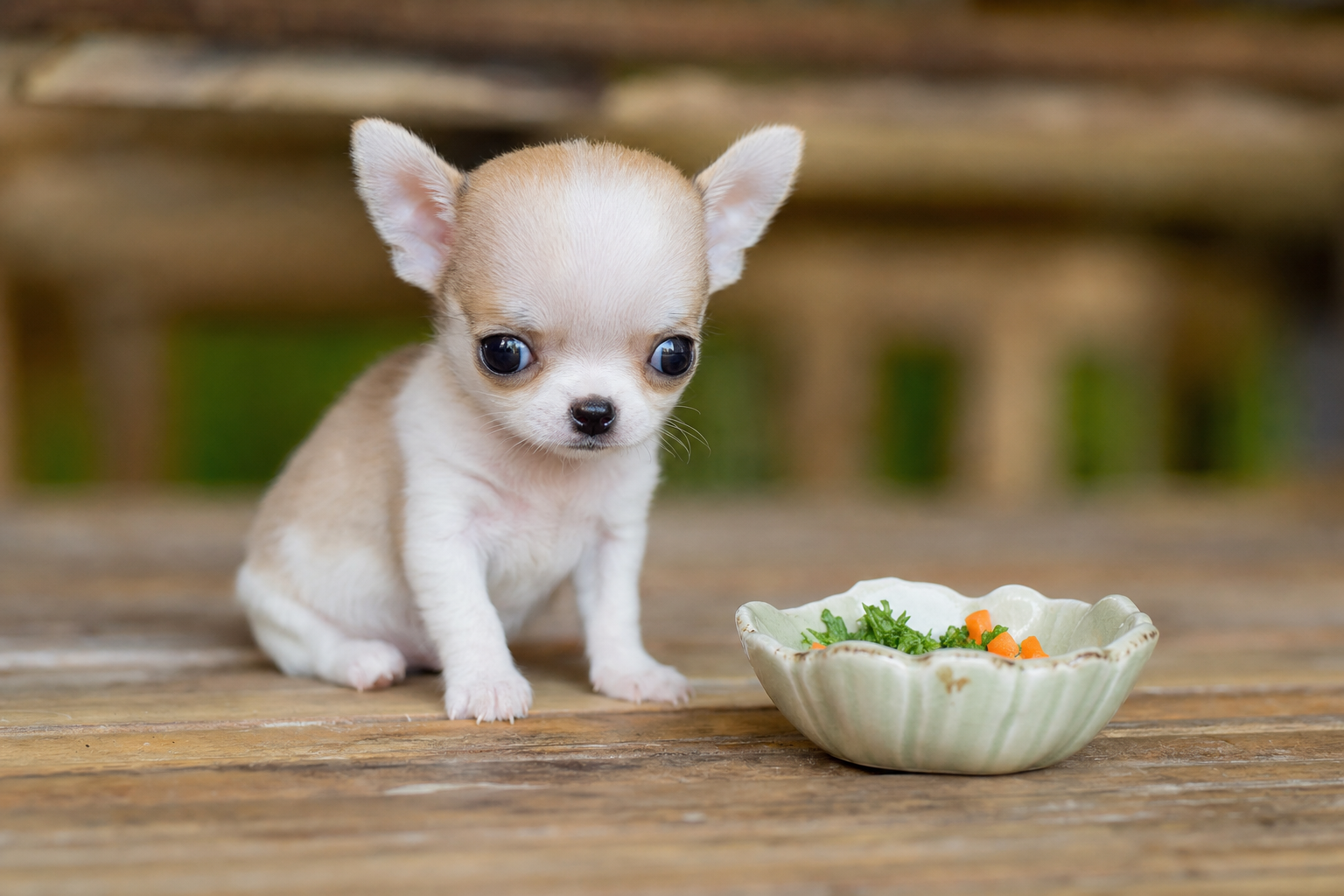 A tiny Apple Head Chihuahua puppy carefully eating a single piece of kibble from a small, shiny food bowl on a clean floor.