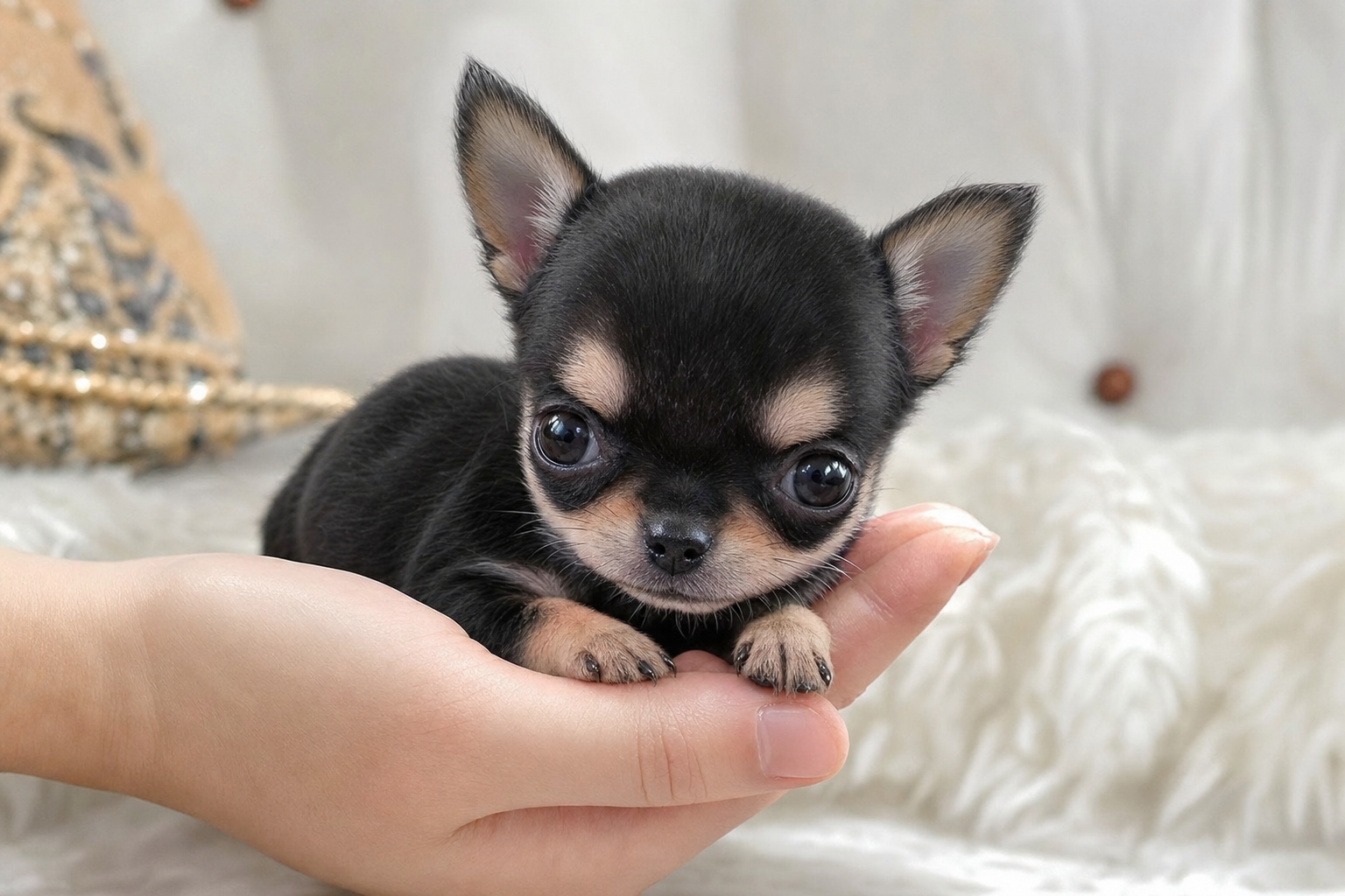 A family in Fresno playing with one of our Teacup Chihuahua puppies for sale, showing they are great family dogs.