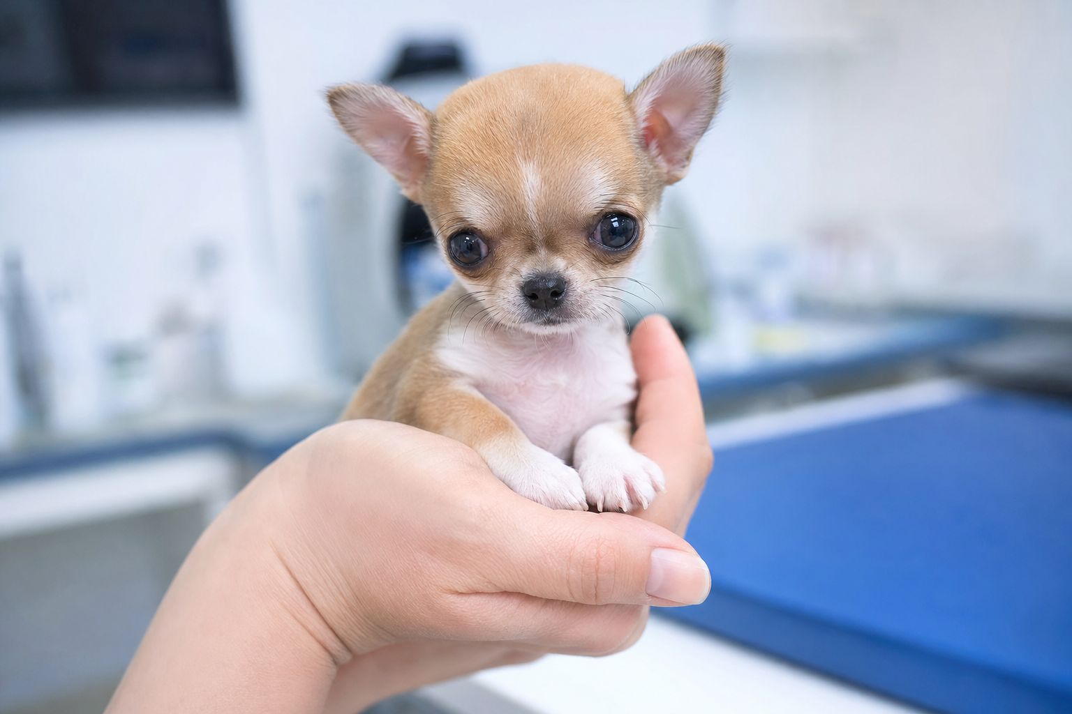 A healthy Long Haired Chihuahua sitting alertly on a veterinarian's examination table during a wellness check-up.