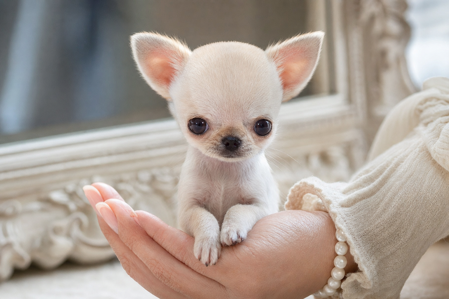 A beautiful long-hair miniature Chihuahua puppy, an ideal dog for apartment living, sits inside a sunny Palm Springs home.