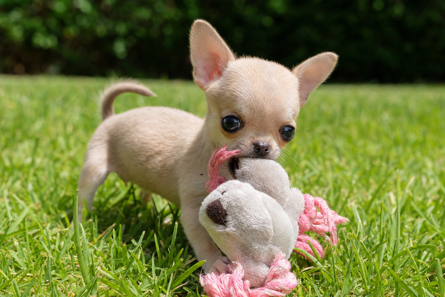 A happy long hair Chihuahua puppy playfully engaging with a colorful puzzle toy on a soft rug indoors.