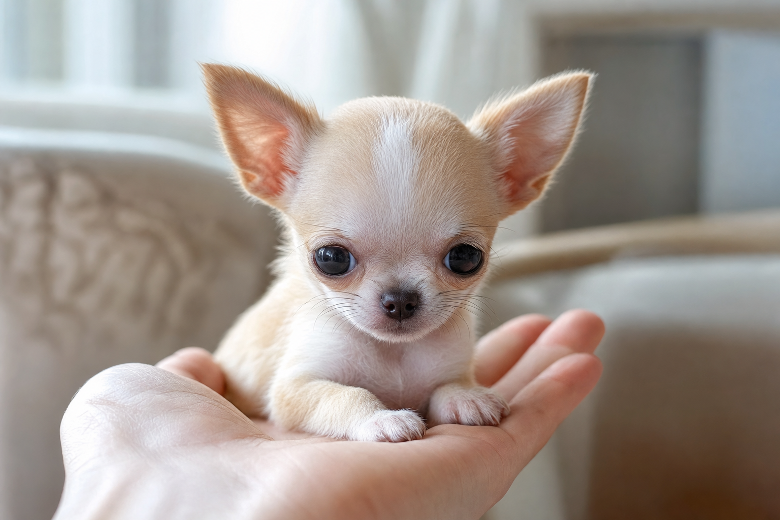 A first-time owner cuddling a tiny Miniature Chihuahua puppy she found from a breeder serving Miami, Florida.