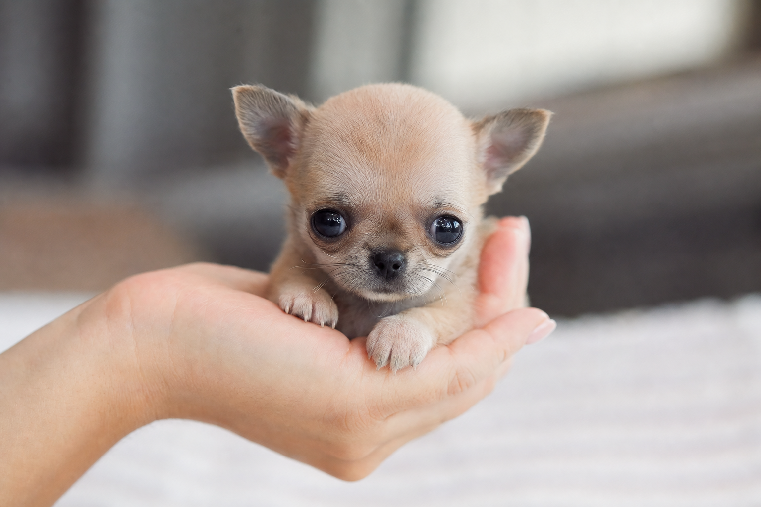 A beautiful Miniature Chihuahua puppy napping on its owner's lap in a modern Houston apartment.