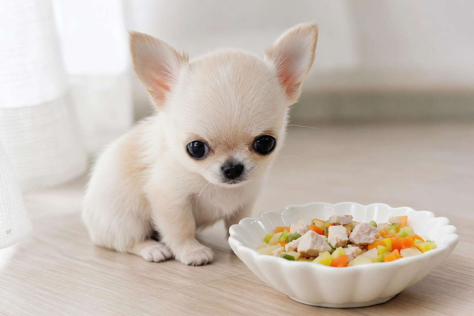 A tiny Apple Head Chihuahua puppy carefully eating kibble from a small, shallow bowl on a clean kitchen floor.