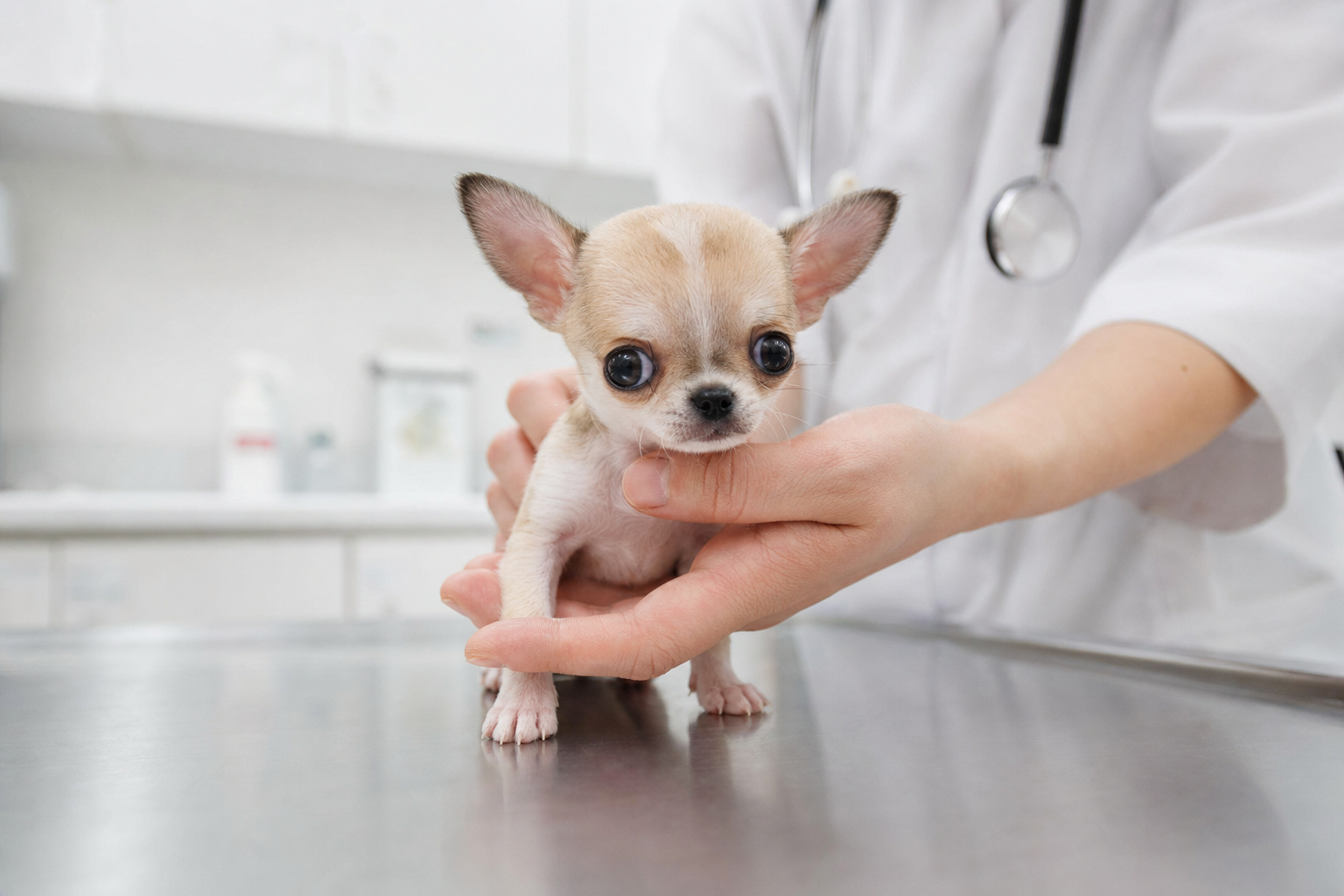A healthy long hair Chihuahua puppy sitting attentively on a veterinarian's examination table during a wellness check-up.
