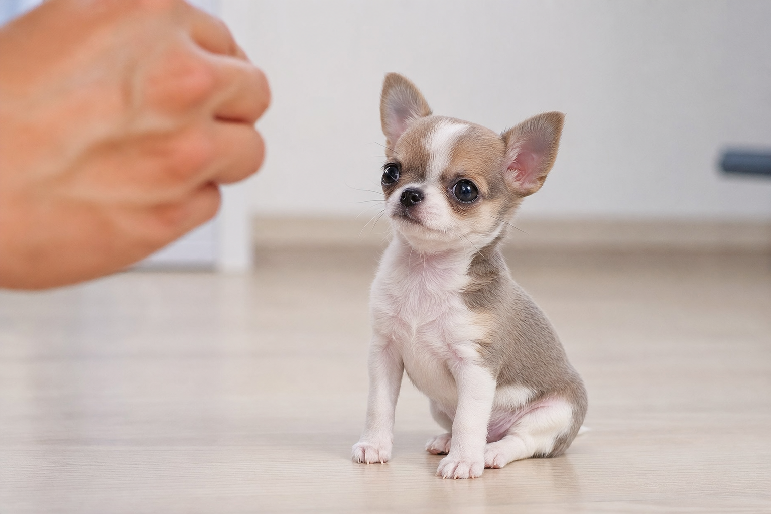 A long-haired Chihuahua puppy looking attentively at its owner during a training session in a sunny living room.
