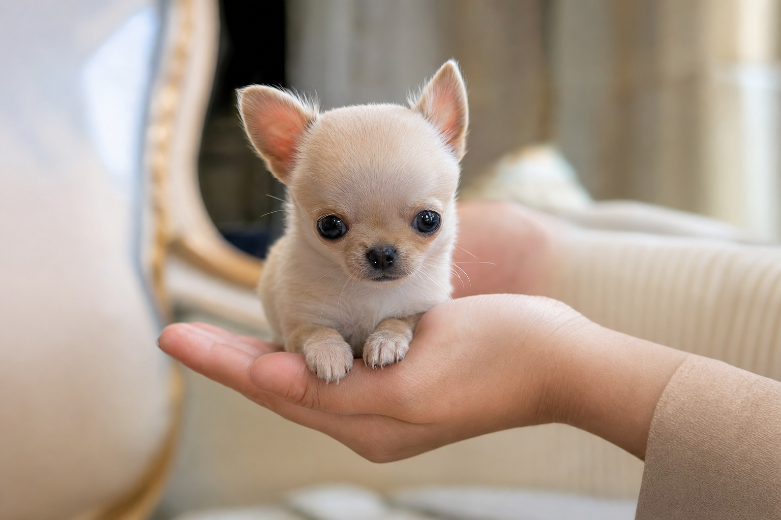 A Miniature Chihuahua puppy being gently pet by a child, illustrating that Chihuahuas can be good for families with kids.