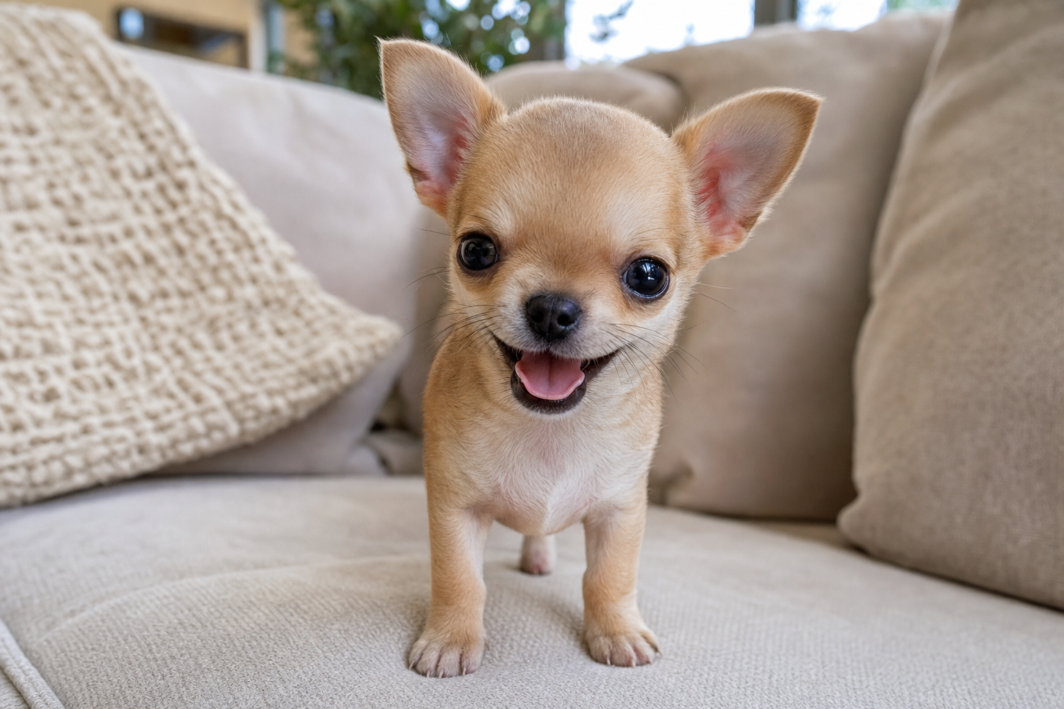 A tiny Apple Head Chihuahua puppy curiously tilting its head, sitting on a soft blanket indoors during a socialization session.