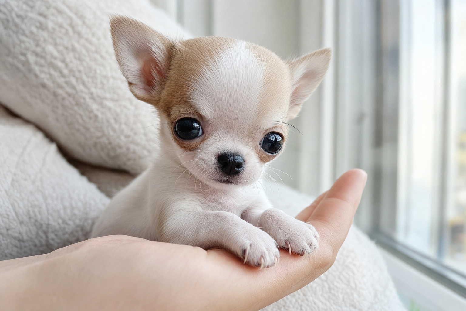 A beautiful Apple Head Teacup Chihuahua puppy ready for travel in an airline carrier, a great companion for frequent flyers.
