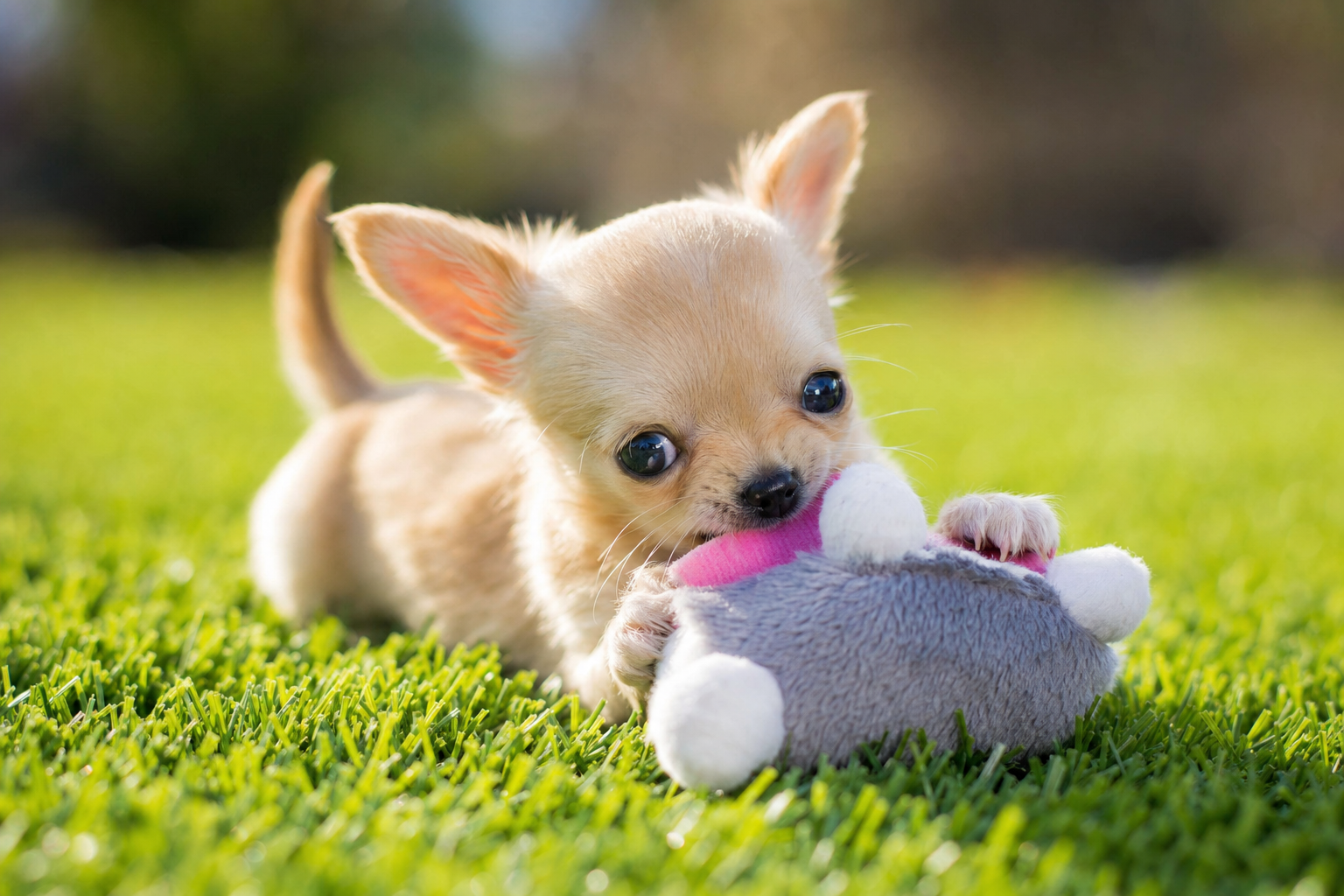 A happy long hair Chihuahua puppy playing with a colorful puzzle toy on a soft rug indoors, looking engaged and curious.