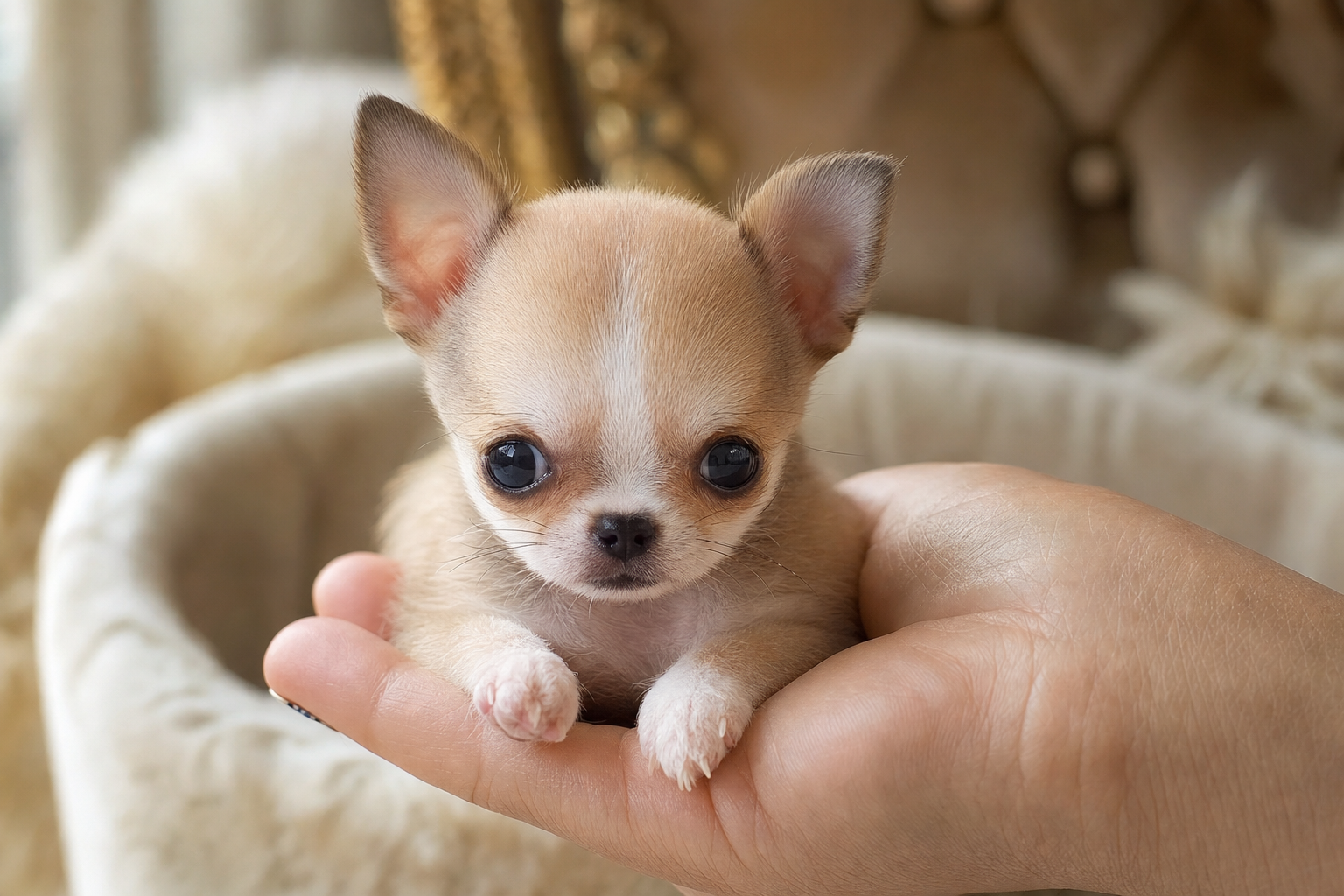 A beautiful long-hair Apple Head Chihuahua puppy, a good option for owners concerned about hypoallergenic dogs.