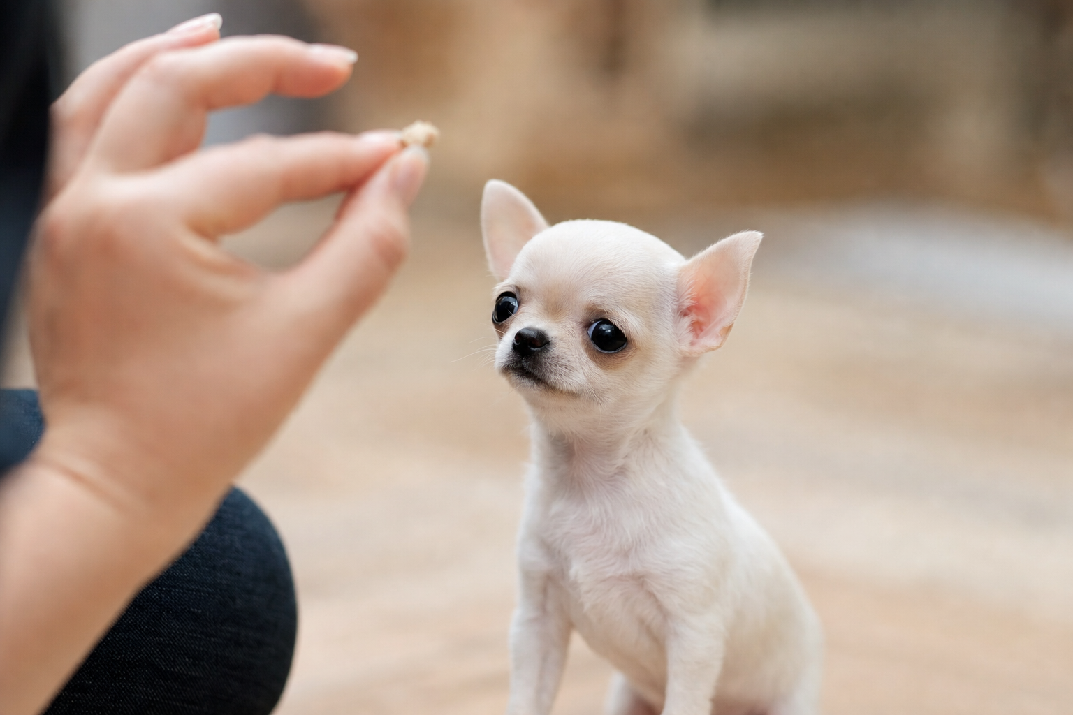 A Long Hair Chihuahua puppy sitting attentively during a training session with its owner in a sunny park.