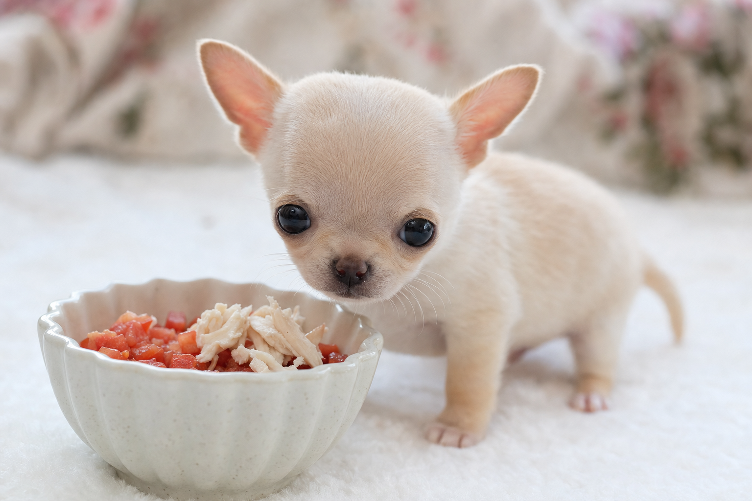 A healthy Apple Head Chihuahua puppy looking up attentively from its small food bowl filled with high-quality kibble.