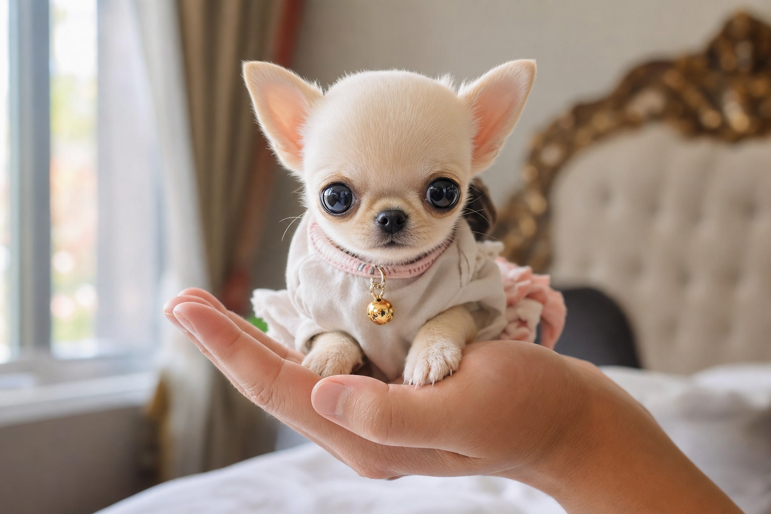 A tiny Apple Head Teacup Chihuahua puppy being potty trained in a Boston high-rise apartment.