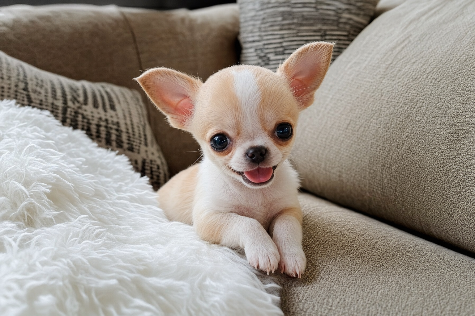 A tiny apple head Chihuahua puppy looks inquisitively at the camera, sitting on a soft blanket indoors in August.