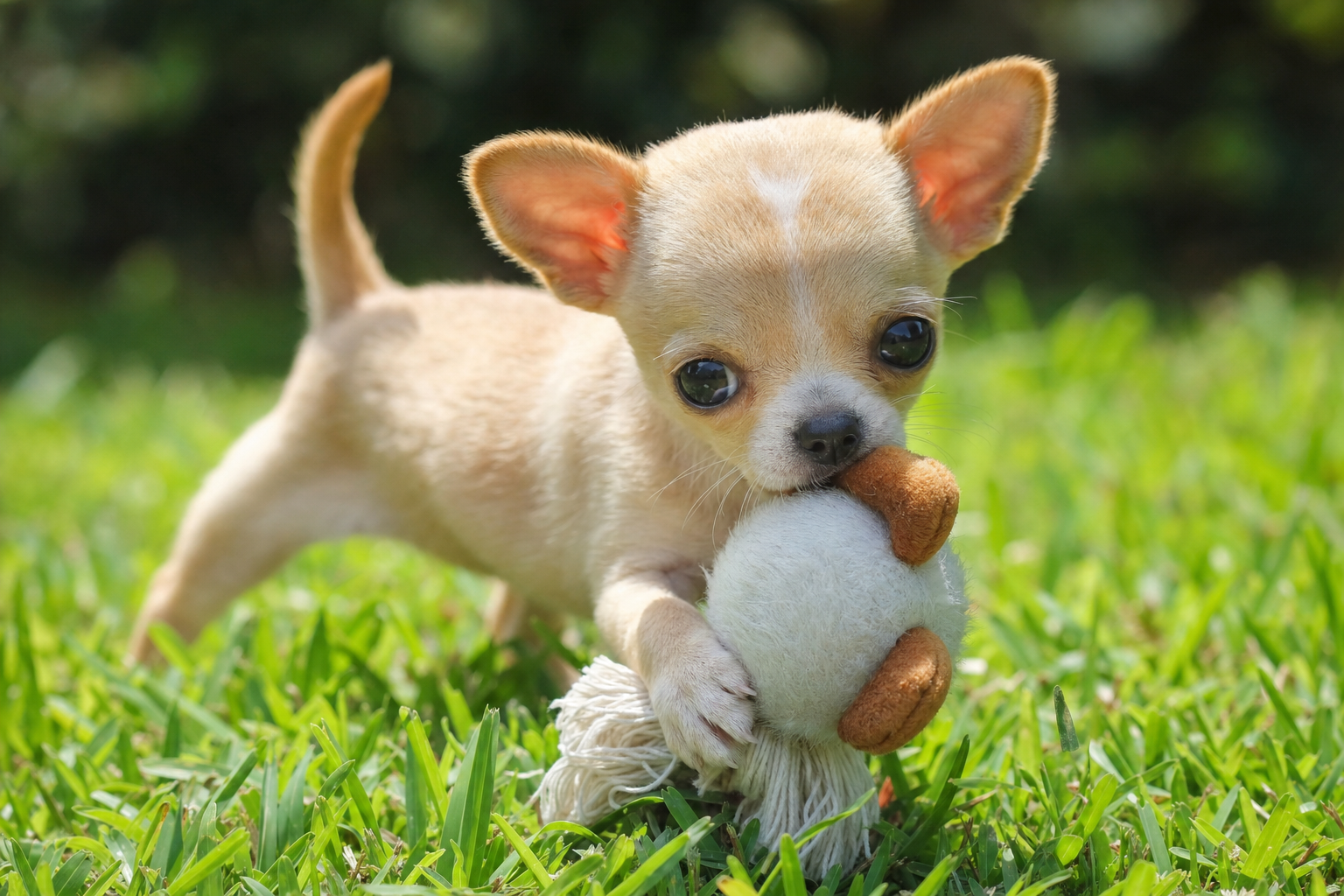 A happy Long Hair Chihuahua with an apple head proudly holding a small puzzle toy in a brightly lit living room.
