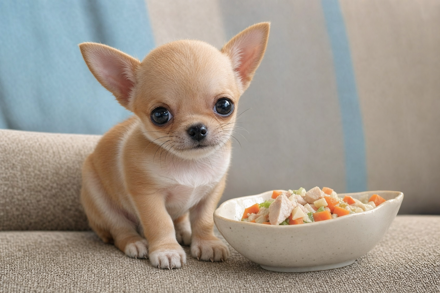 A close-up of a long hair Chihuahua puppy carefully eating kibble from a small, stainless steel bowl.