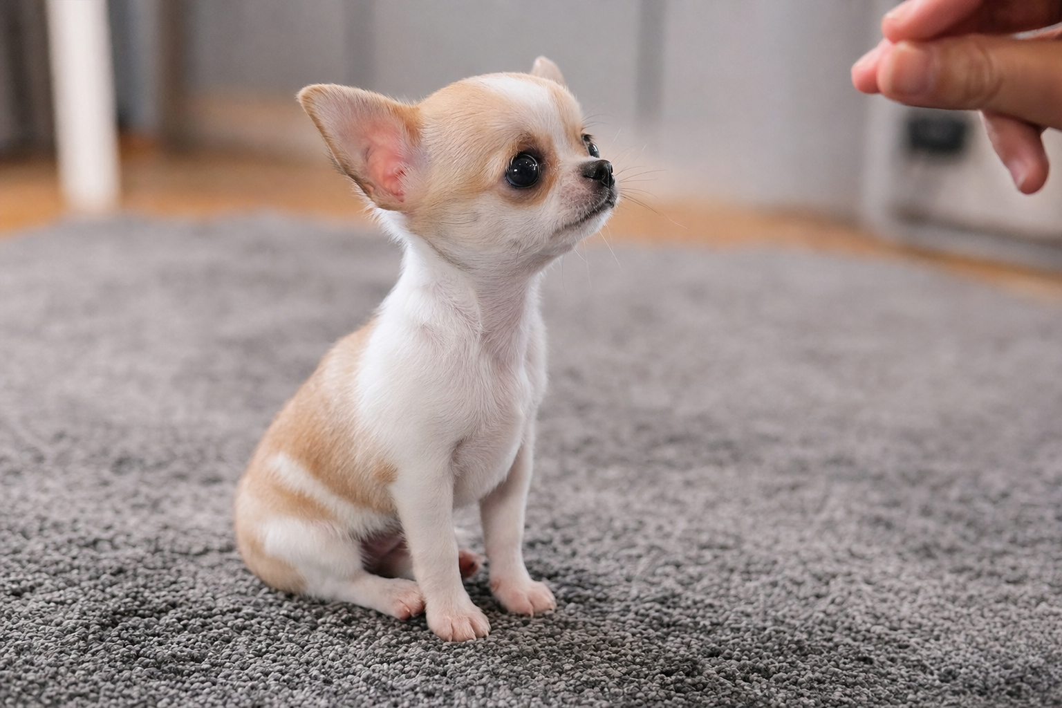 A Long Hair Chihuahua puppy sitting attentively during a training session in a sunlit room, looking up at its owner.