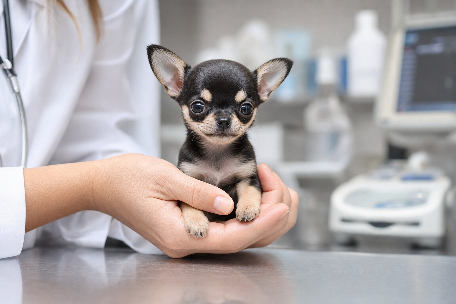 Healthy Apple Head Chihuahua puppy sitting alertly on a clean white background, looking at the camera.