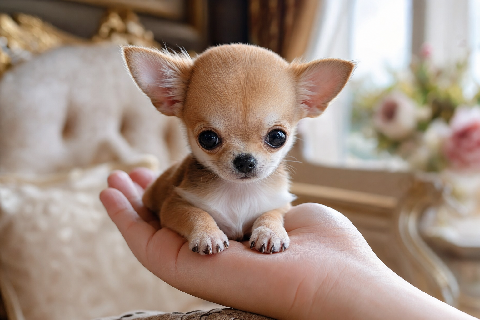A Long Hair Chihuahua puppy wearing a harness and leash, learning how to walk outdoors during a leash training session.