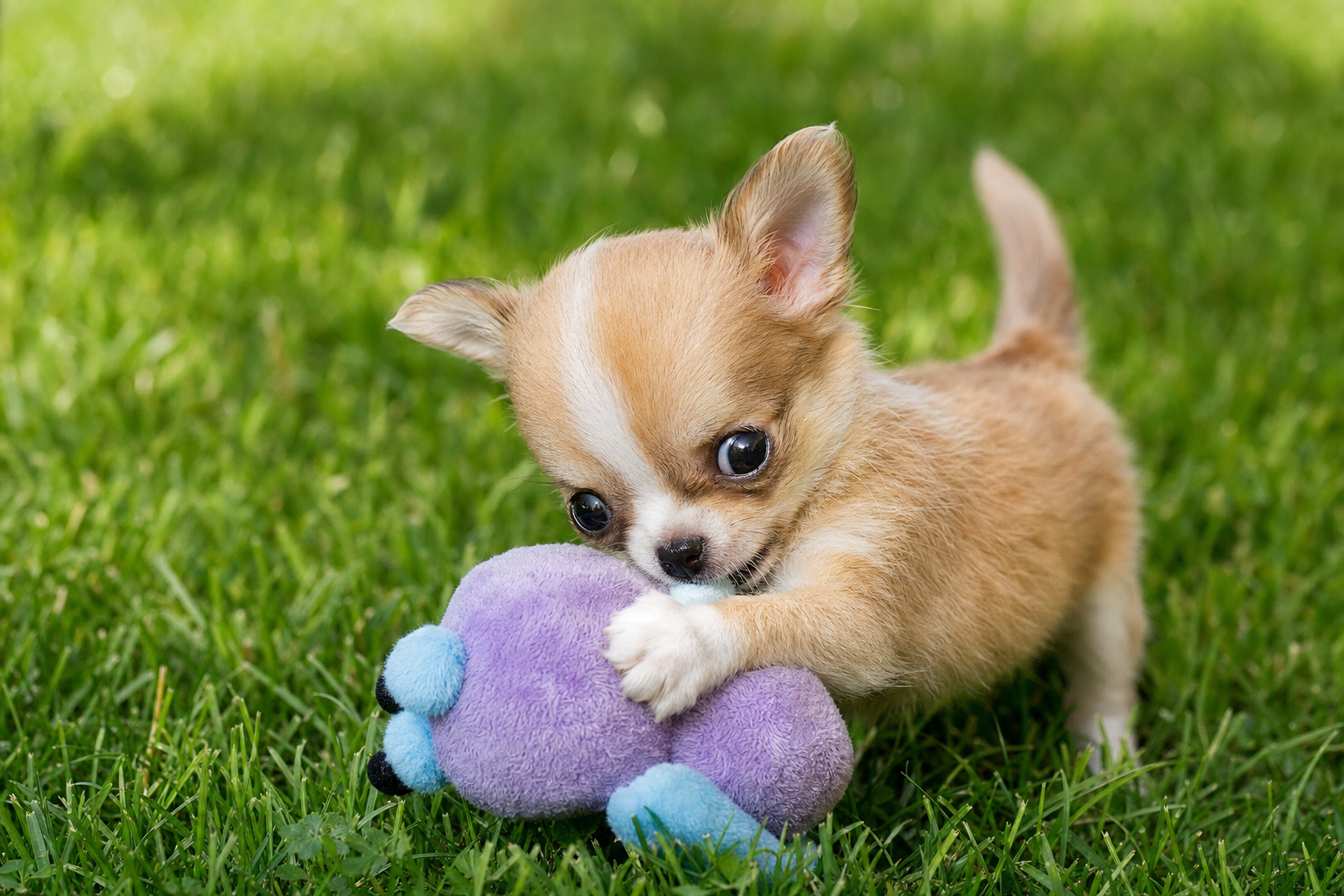 A happy long hair Chihuahua puppy playing with a colorful puzzle toy on a soft blanket indoors.