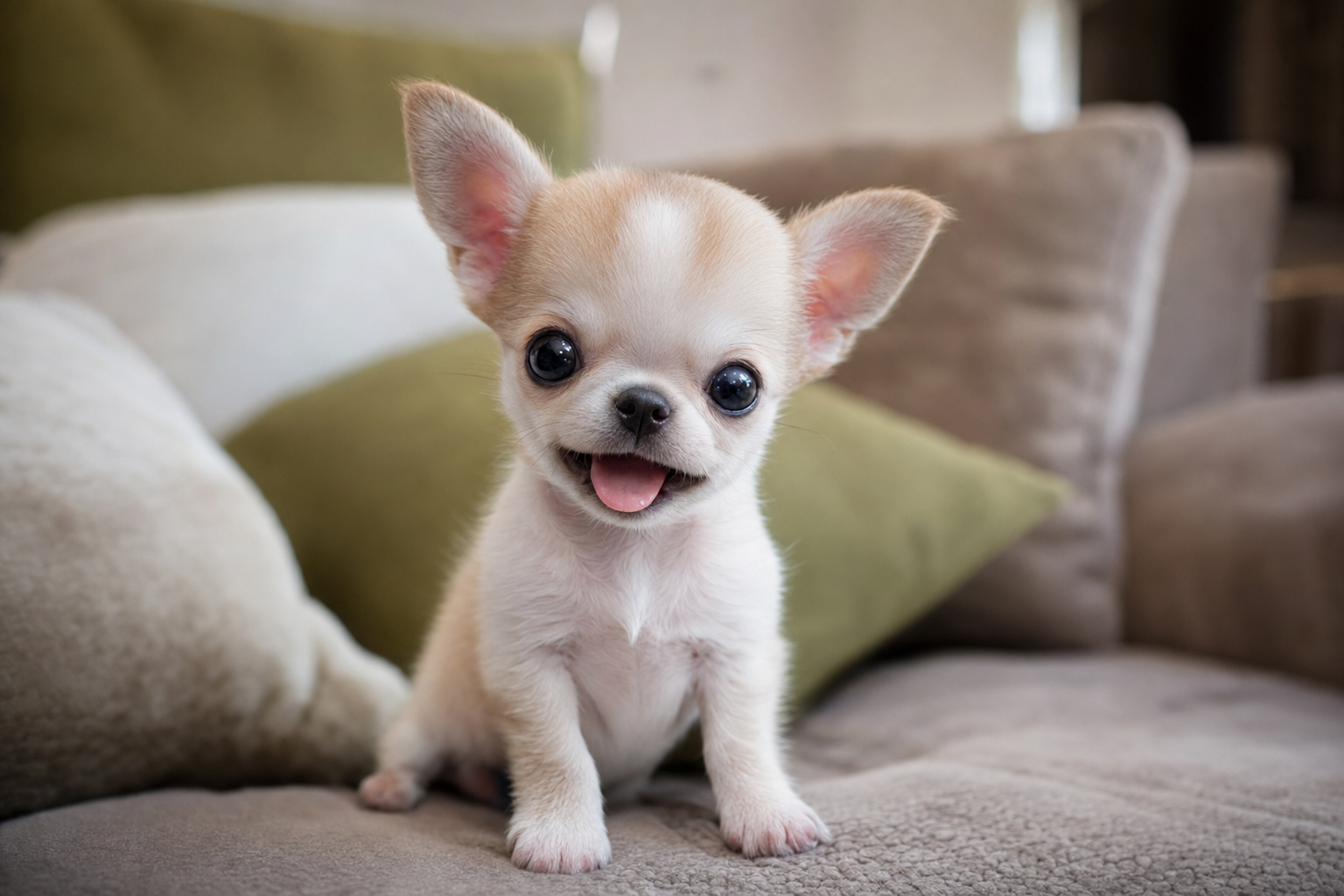 A tiny Apple Head Chihuahua puppy exploring a soft blanket, looking curious and alert in a well-lit room.