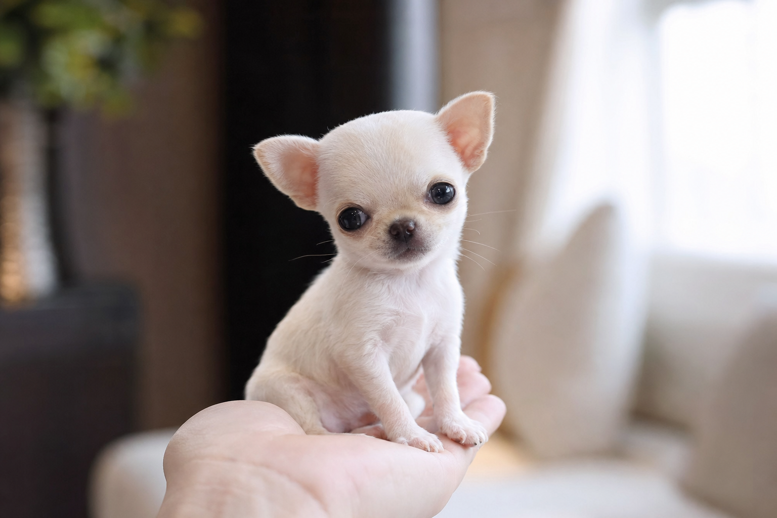 A calm long-hair Chihuahua looking at its owner, illustrating tips for stopping excessive barking in a Chihuahua.