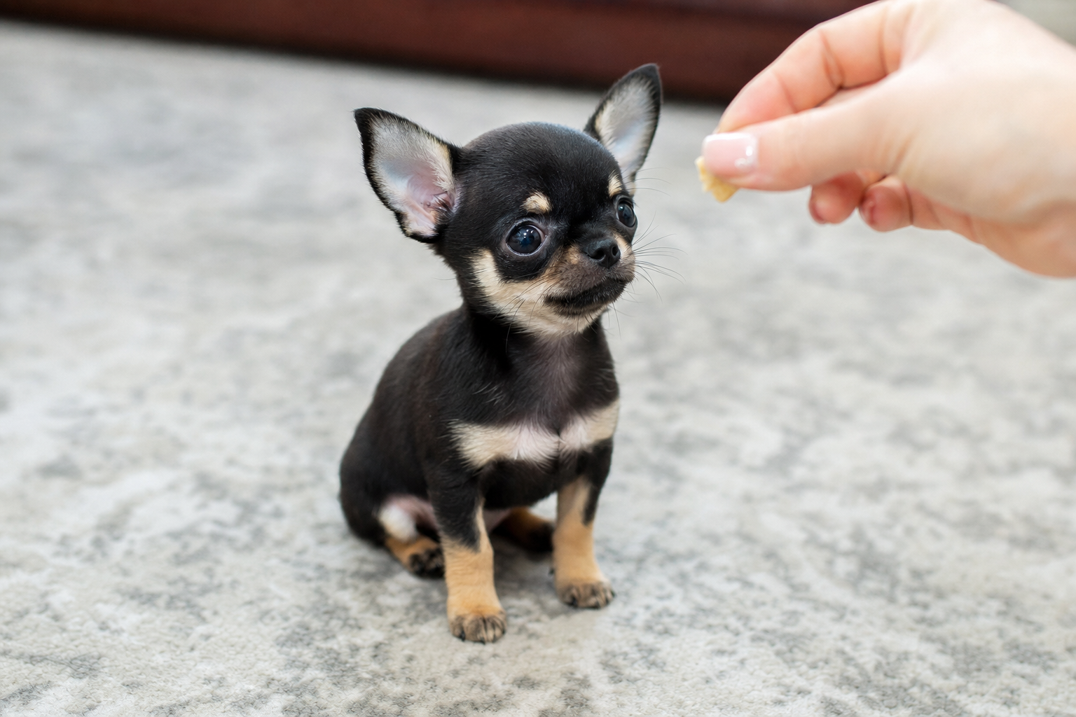 An Apple Head Chihuahua puppy sitting patiently on a training pad, looking up at its owner for a command.