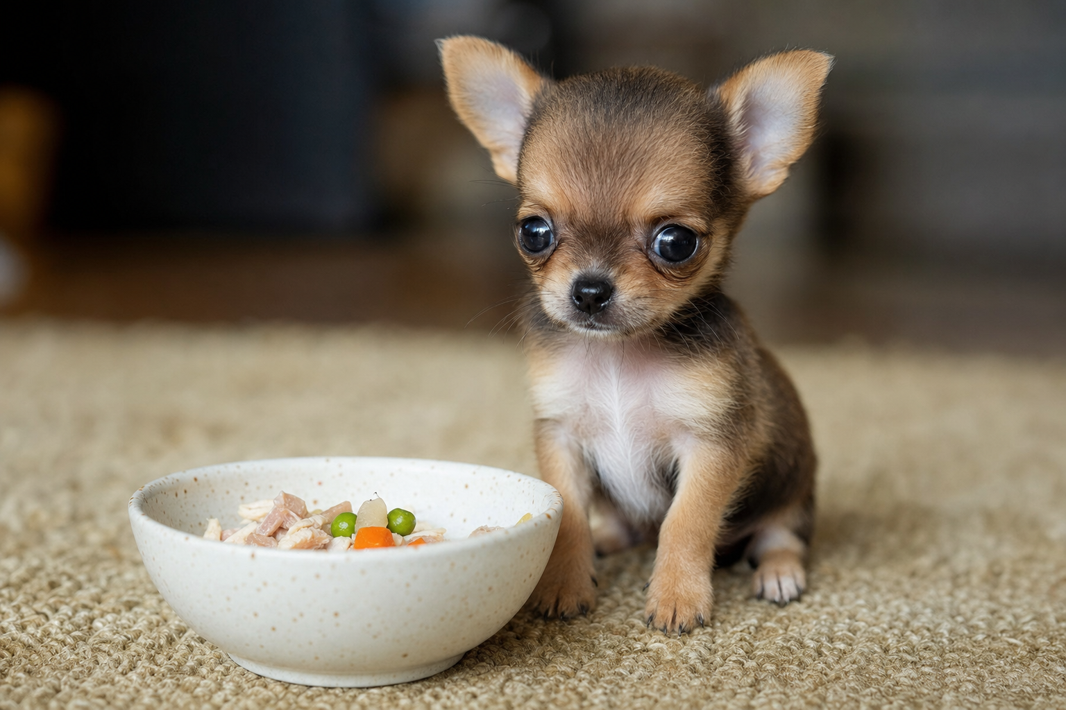 A healthy Apple Head Chihuahua puppy looking alertly at a small bowl of high-quality kibble.