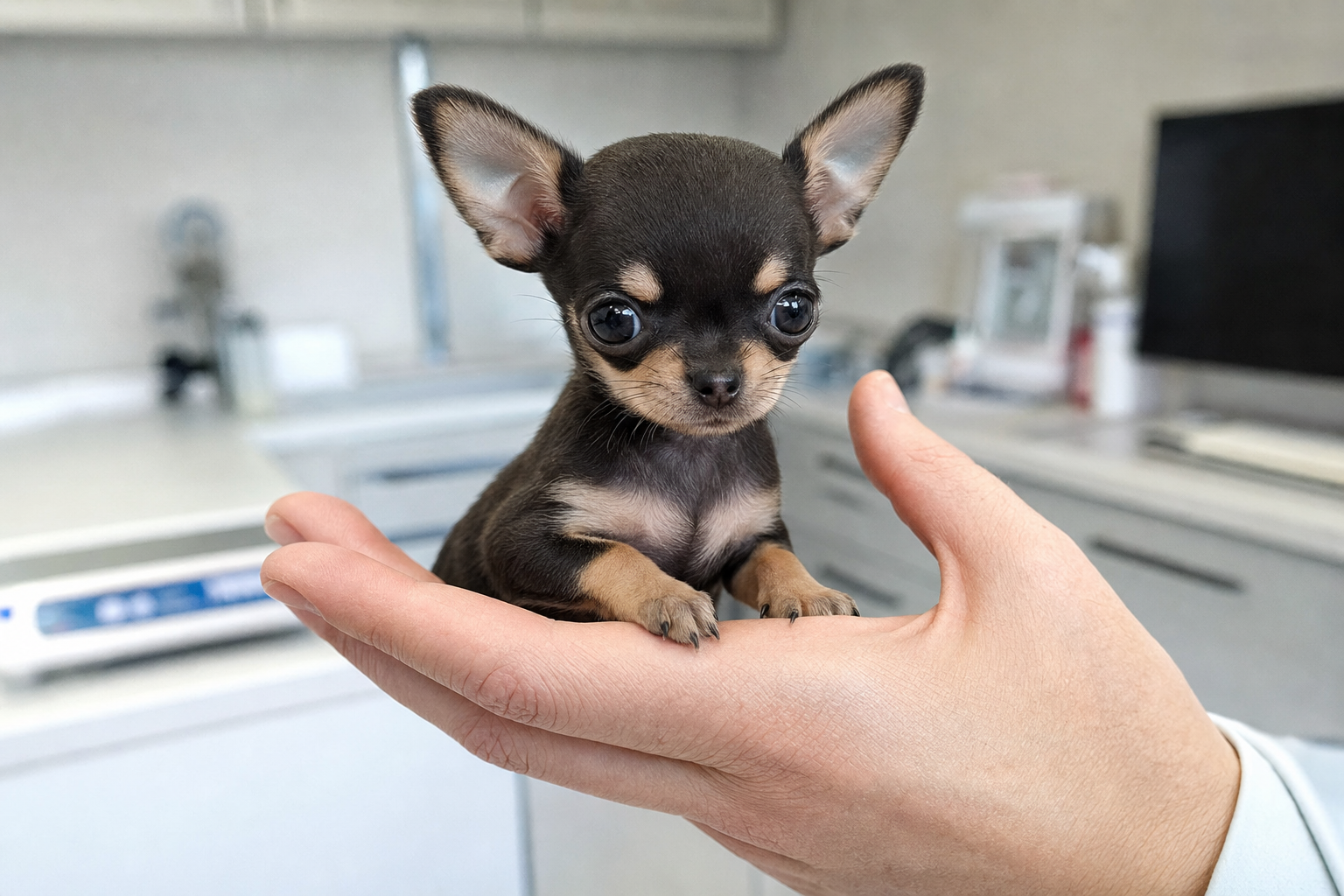 A healthy, alert Apple Head Chihuahua puppy sitting on a plush blanket, looking attentively at the camera.
