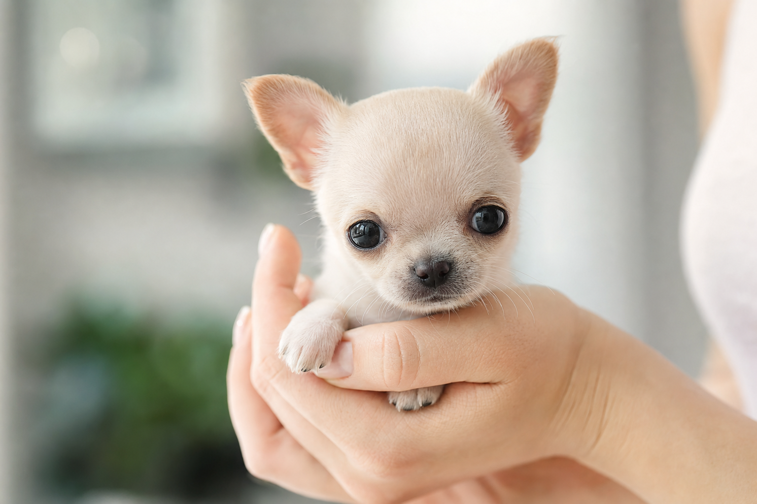 A tiny Apple Head Chihuahua puppy looking at its food bowl, illustrating a proper feeding schedule for a new Chihuahua puppy.