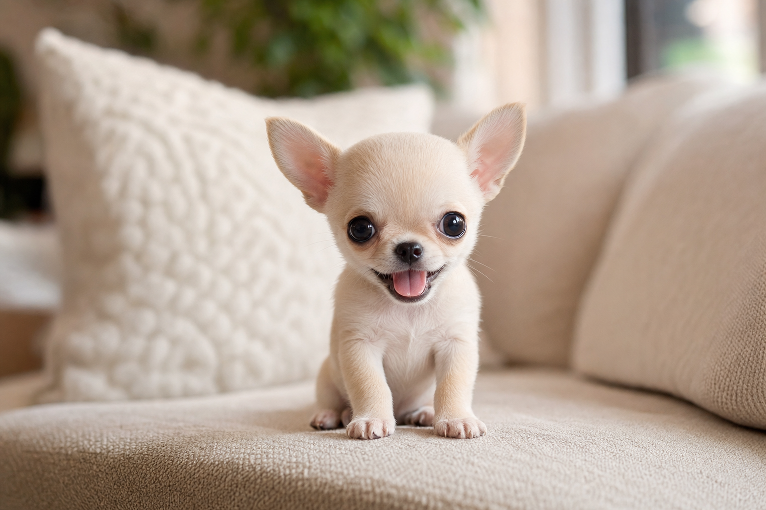 A tiny Apple Head Chihuahua puppy sleeping peacefully in a soft, sunlit bed, representing a healthy daily routine.