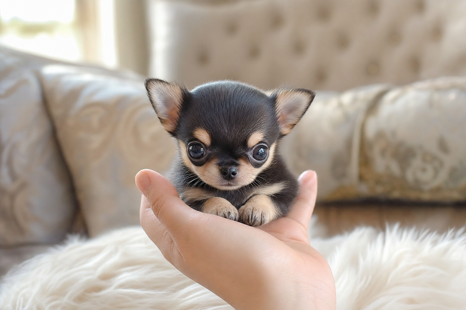 An Apple Head Chihuahua puppy ready for travel in an airline-approved carrier next to a suitcase.