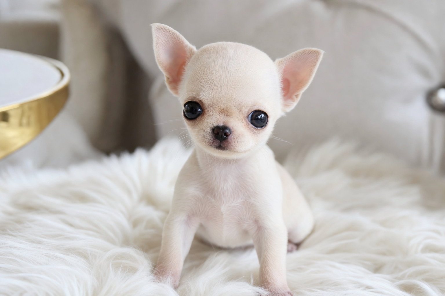 A person gently grooming a calm Apple Head Chihuahua puppy with a soft brush.