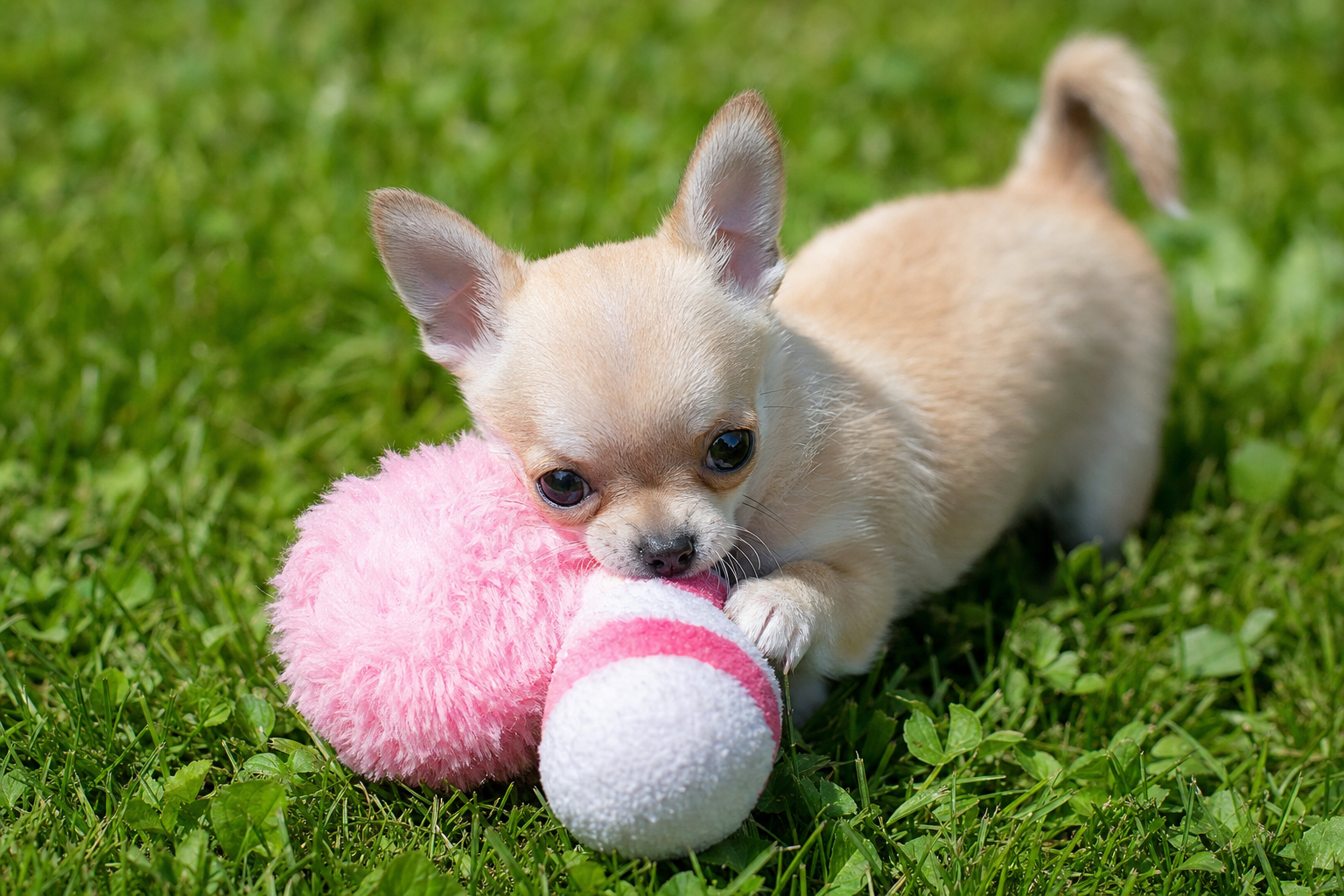 A happy Long Hair Chihuahua puppy playing with a colorful puzzle toy on a soft living room rug.