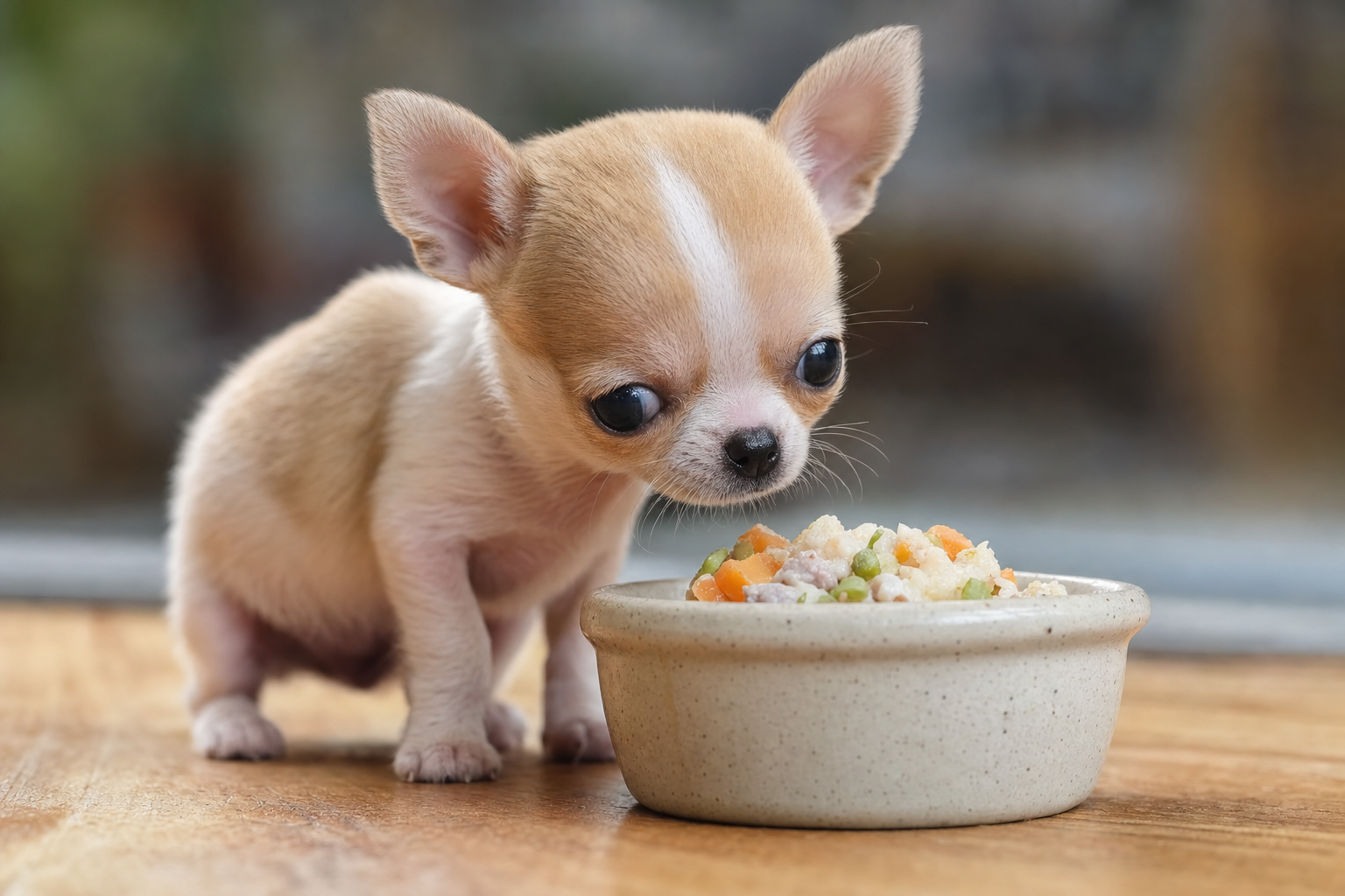 A healthy long hair Chihuahua puppy eating from a small bowl, illustrating proper portion control and nutrition.