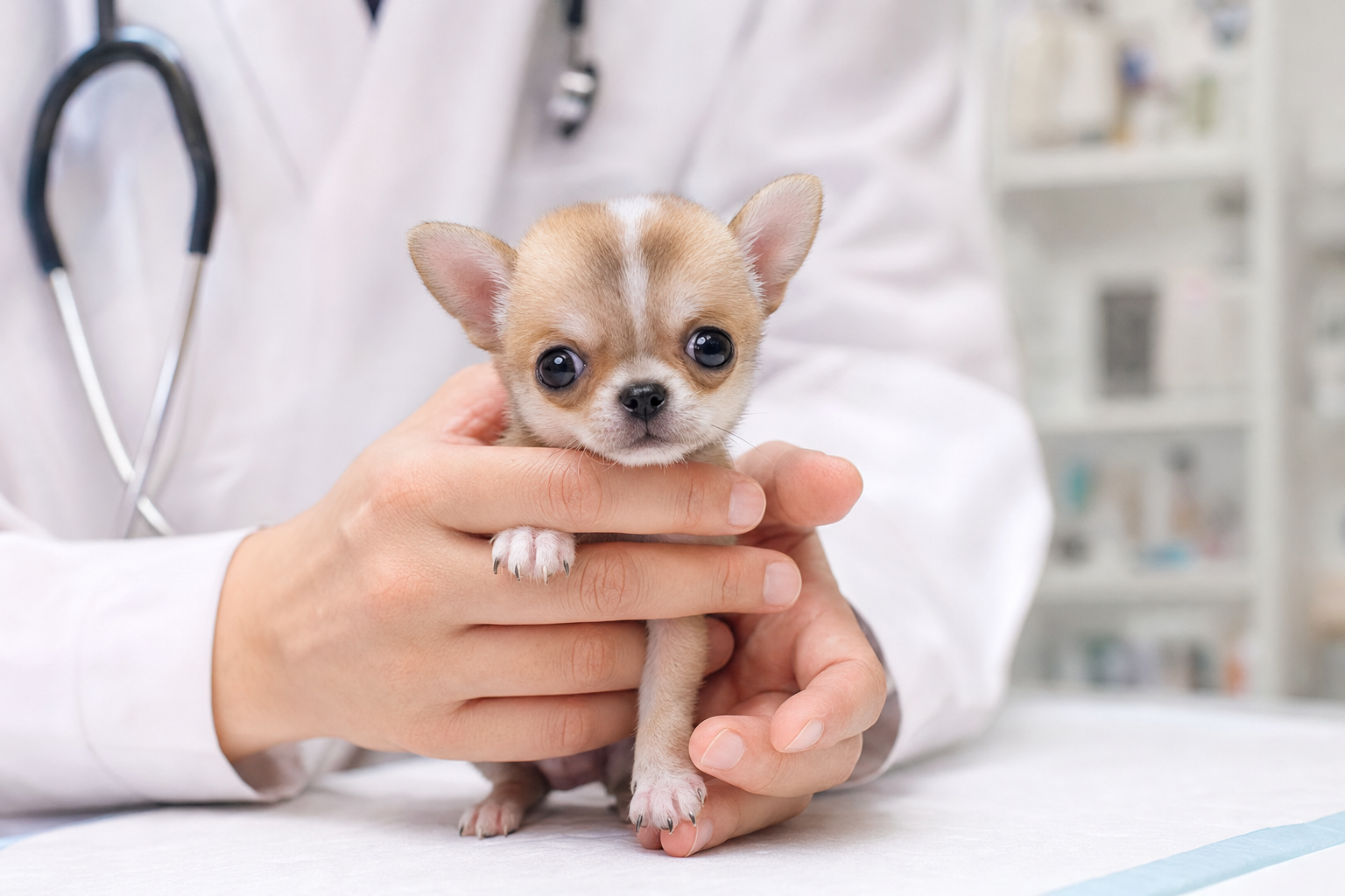 A healthy Apple Head Chihuahua with bright eyes sitting attentively on a vet's examination table during a check-up.